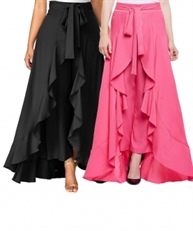  Women`s/Girls Crepe Solid Tie-Waist Layered/Ruffle Skirt Palazzo(black&pink)