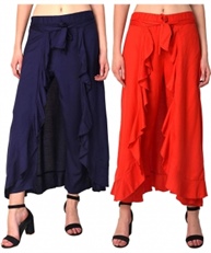  Women`s Rayon Flared Ruffle Palazzo (Pack of 2)(navy blue &red)