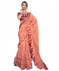 Shangrilla Designer Ruffled Pattern Border Chinon Silk Saree With Unstitched Blouse Piece (Orange)