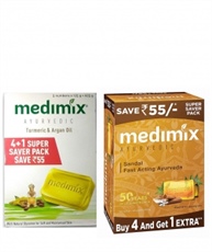 Medimix Ayurvedic Turmeric & Argan Oil Bathing Soap, 125Gm (4+1 Offer Pack) and Medimix Ayurvedic Sandal Soap, 125g (Pack Of 5)