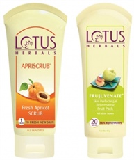 Lotus Herbals Apriscrub Fresh Apricot Scrub, 180gm & Herbals Frujuvenate Skin Perfecting and Rejuvenating Fruit Pack, 60gm Combo