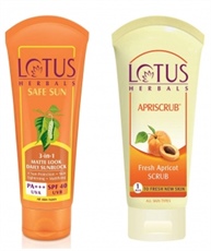 Lotus Herbals Safe Sun 3-In-1 Matte Look Daily Sunblock, SPF 40, 100gm & Herbals Apriscrub Fresh Apricot Scrub, 180gm Combo