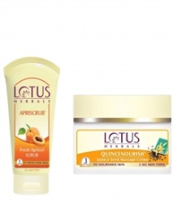 Lotus Herbals Apriscrub Fresh Apricot Scrub, 180gm & Herbals Quincenourish Quince Seed Nourishment Massage Cream, 50gm Combo