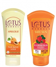 Lotus Herbals Apriscrub Fresh Apricot Scrub, 180gm & Herbals Safe Sun Block Cream SPF 20, 50gm Combo