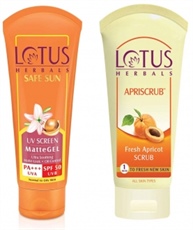 Lotus Herbals Safe Sun UV Screen Matte Gel, SPF 50, 100gm and Lotus Herbals Apriscrub Fresh Apricot Scrub, 180gm