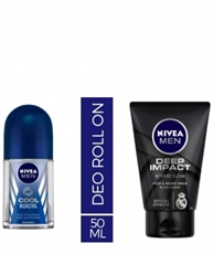 Nivea Deodrant Roll On, Cool Kick, 50ml & MEN Face & Beard Wash, Deep Impact Intense Clean, 100ml Combo