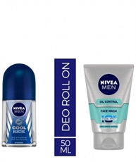 Nivea Deodrant Roll On, Cool Kick, 50ml and NIVEA MEN Face Wash, Oil Control With Vitamin C, 100ml