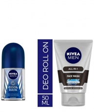 Nivea Deodrant Roll On, Cool Kick, 50ml and NIVEA MEN Face Wash, All-in-One, 100ml