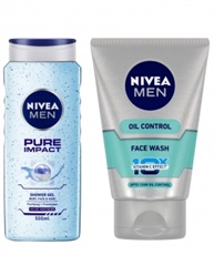 NIVEA MEN Hair, Face & Body Wash, Pure Impact Shower Gel, 500ml & MEN Face Wash, Oil Control With Vitamin C, 100ml Combo