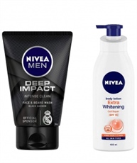 NIVEA MEN Face & Beard Wash, Deep Impact Intense Clean, 100ml and NIVEA Body Lotion, Extra Whitening Cell Repair (SPF 15), 400ml