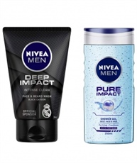 NIVEA MEN Face & Beard Wash, Deep Impact Intense Clean, 100ml & MEN Hair, Face & Body Wash, Pure Impact Shower Gel, 250ml Combo