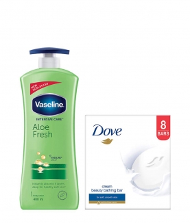 Vaseline Intensive Care Aloe Fresh Body Lotion, 400 g with Dove Cream Beauty Bathing Bar, 100 gm