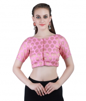 Handloom Banarasi Chanderi Jacquard Non-Padded Blouse in Pink With Hook Closure on Back