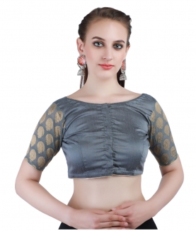 Banarasi Chanderi Silk Jacquard and Cotton Silk Front-Open Blouse in Grey