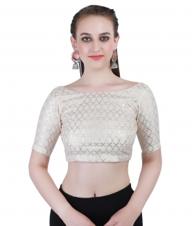 Banarasi Handloom Chanderi Silk Jacquard Boat Neck Blouse In white With Hook Closure on Back