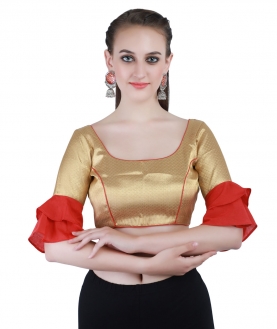 Banarasi Jamawer Non-Padded Blouse with Bell Sleeves in Gold With Hook Closure on Back