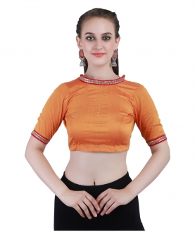 Mustard Cotton Silk Non-Padded Back Open Blouse in Band Collar