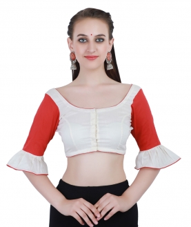 White and Red Cotton Silk Non-Padded Front-Open Blouse in Round Neck with Bell Sleeves