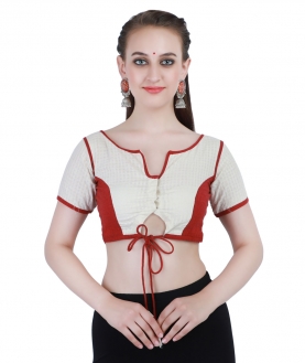 Handloom Pure Cotton khadi Back-Open Blouse in White and Red