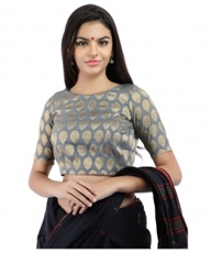 Banarasi Chanderi Silk Jacquard Boat Neck Blouse In Grey With Hook Closure on Back (COLOUR : GREY)