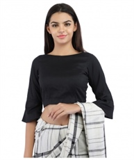 Black Cotton Silk Non-Padded Back Open Blouse in Boat Neck With Bell Sleeve(COLOUR : BLACK)