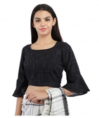 Black Pure Cotton Handloom Back-Open Blouse With Bell Sleeve(COLOUR : BLACK)