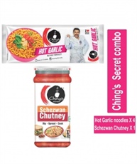 Ching`s Secret Combo of Hot Garlic Masala Instant Noodles (240gmx 4), Schezwan Chutney (250gmx 1)