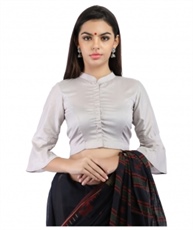 Grey Cotton Silk Non-Padded Front-Open Blouse with Bell Sleeve (COLOUR : Light GREY)