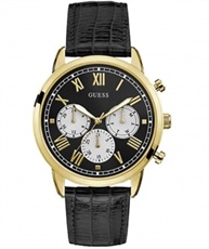 Guess Gents Gold Tone CASE Black Genuine Leather Watch