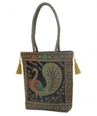 Handloom Black Banarasi Brocade bag with Golden Tassels in Peacock Motif(COLOUR : BLACK MULTI)