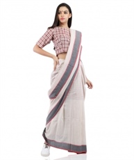 Handloom Pure Cotton Check Saree in White and Red With Blouse Piece