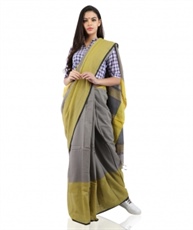 Handloom Pure Cotton Saree in Grey and Yellow With Blouse Piece