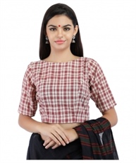 Handloom Red and White Pure Cotton Checks Boat Neck Blouse With Back Keyhole (COLOUR : RED & WHITE CHECKS)