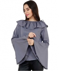 PARTY FLARED SLEEVE SOLID WOMEN GREY TOP