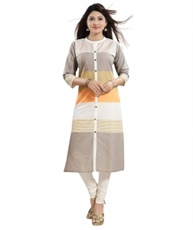 Plus Size Kurtis Women`s Front-Slit Cotton Long Kurti (Off White-Orange)