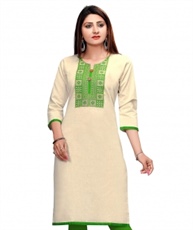 Plus Size Long Cream & Green A-LINE Style Khadi Cotton Kurti