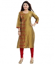 Plus Size Long MUSTERED & RED Embroidered A-LINE Cotton Silk Kurti