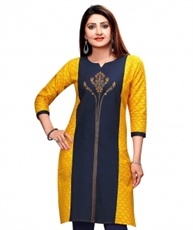 Plus Size Long Yellow and Nevy Blue Printed A-LINE Cotton Kurti