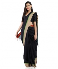 Pure Cotton Handloom Black Saree in Contrast Border With Blouse Piece