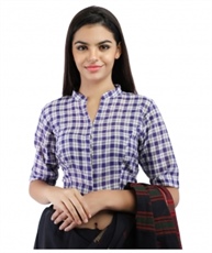 Pure Cotton Handloom Checks Blouse in Purple and White Band Collar With Hook Closure on Front(PURPLE & WHITE CHECKS)