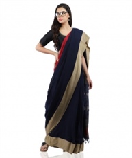 Pure Cotton Handloom Saree in Navy Blue With Blouse Piece