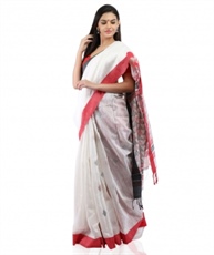 Pure Matka Silk Jamdani Handloom Saree in White and Red With Blouse Piece