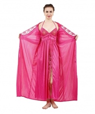 Romaisa Women`s Satin Lace Work Nightdress with Robe (Size - Free) (Pack of 2 Pcs) COLOUR : MAGENTA