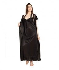 Romaisa Women`s Satin Lace Work Nightdress with Robe (Size - Free) (Pack of 2 Pcs) COLOUR : BLACK