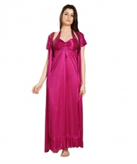 Romaisa Women`s Satin Lace Work Nightdress with Robe (Size - Free) (Pack of 2 Pcs) COLOUR : MAGENTA