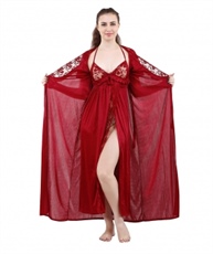 Romaisa Women`s Satin Lace Work Nightdress with Robe (Size - Free) (Pack of 2 Pcs) COLOUR : MAROON