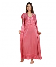 Romaisa Women`s Satin Lace Work Nightdress with Robe (Size - Free) (Pack of 2 Pcs) COLOUR : PINK