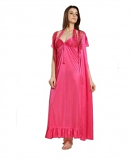 Romaisa Women`s Satin Lace Work Nightdress with Robe (Size - Free) (Pack of 2 Pcs) LIGHT : CORAL