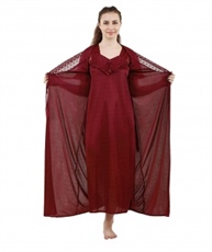 Romaisa Women`s Satin Lace Work Nightdress with Robe (Size - Small, Medium, Large) (Pack of 2 Pcs) COLOUR : MAROON