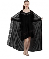 Romaisa Women`s Satin Lace Work Nightdress with Robe (Size - Small, Medium, Large) (Pack of 2 Pcs) COLOUR : BLACK